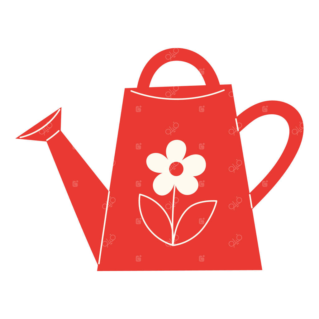 آب‌پاش قرمز باغ با گل سفید به سبک ساده روی پس‌زمینه سفید