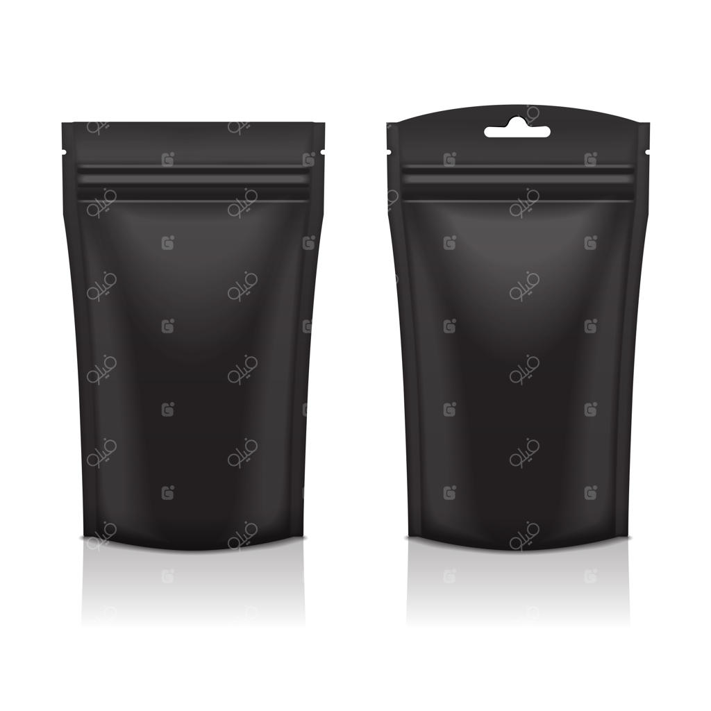 مجموعه بسته‌بندی کیسه‌های فویلی سیاه برای غذا یا مواد آرایشی با زیپ. قالب پیشنهادی