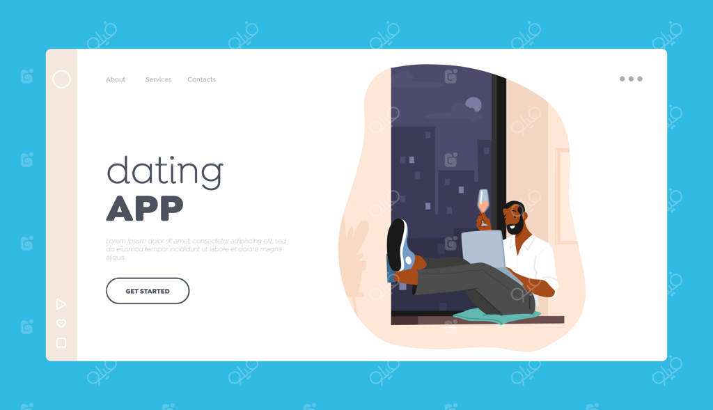 قالب صفحه ورود اپلیکیشن دوستیابی - شخصیت مرد با جام شراب در حال گفتگو از طریق لپ‌تاپ در شبکه اجتماعی