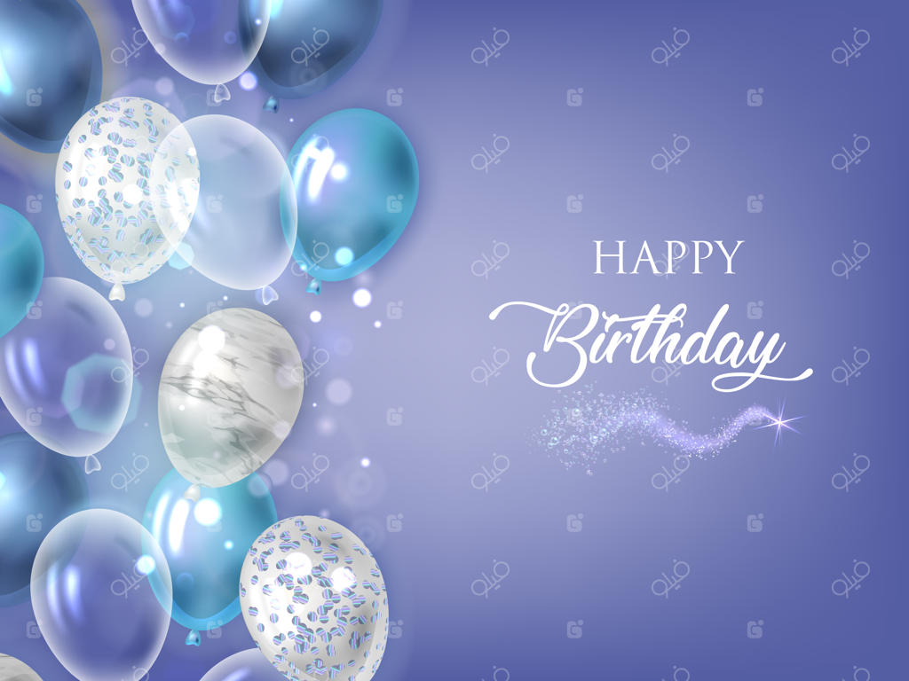 تولدت مبارک با پس‌زمینه آبی و بادکنک‌ها.