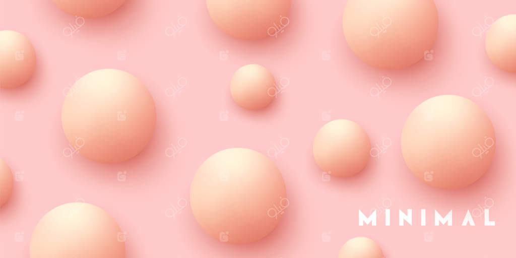 طراحی مینیمال: کره‌های واقع‌گرایانه با پس‌زمینه انتزاعی و عناصر سه‌بعدی. پترن اشیاء هندسی دایره‌ای. توپ‌های گرد به رنگ صورتی ملایم. پوستر و بنر مدرن. تصویرسازی وکتور