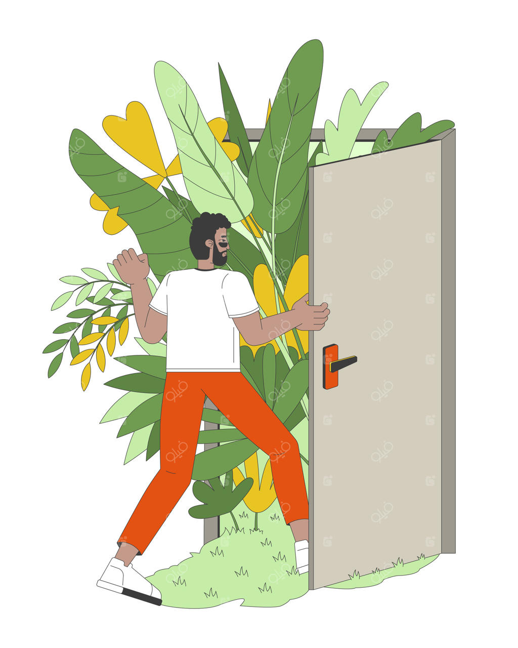 مفهوم تصویرسازی دو بعدی زندگی سبز: آینده‌ای سبز و پایدار. مردی دوستدار محیط زیست از درب باغ سبز عبور می‌کند؛ کاراکتری کارتونی و سرسبز، نماد و تجسمی از زندگی پایدار.