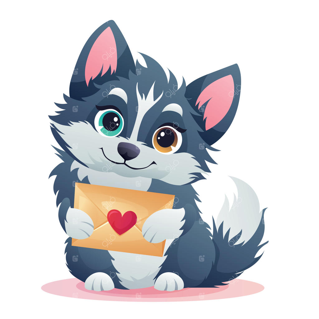 تصویر یک توله‌سگ بامزه با پاکتی قلب‌دار به سبک کارتونی در زمینه سفید