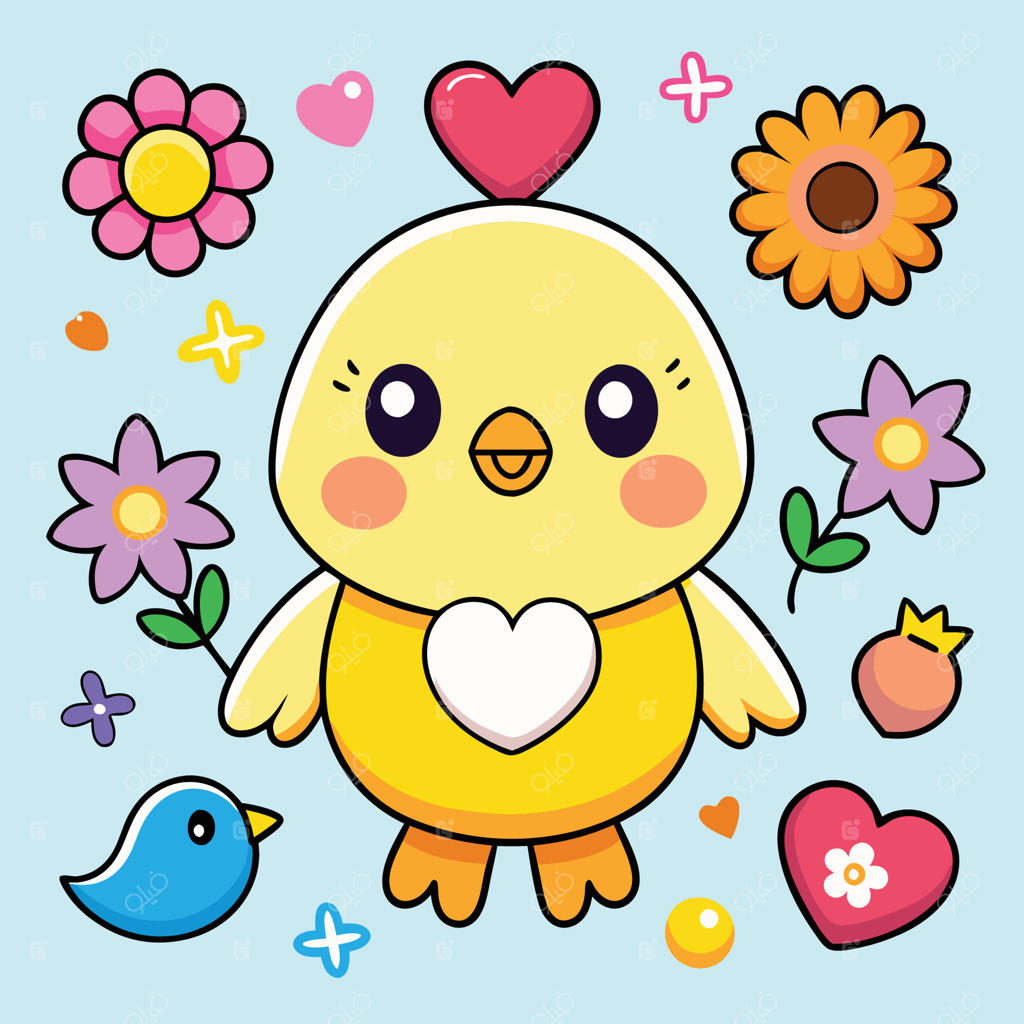جوجه کارتونی زیبا با قلب‌ها، گل‌ها و تزئینات شادمانه