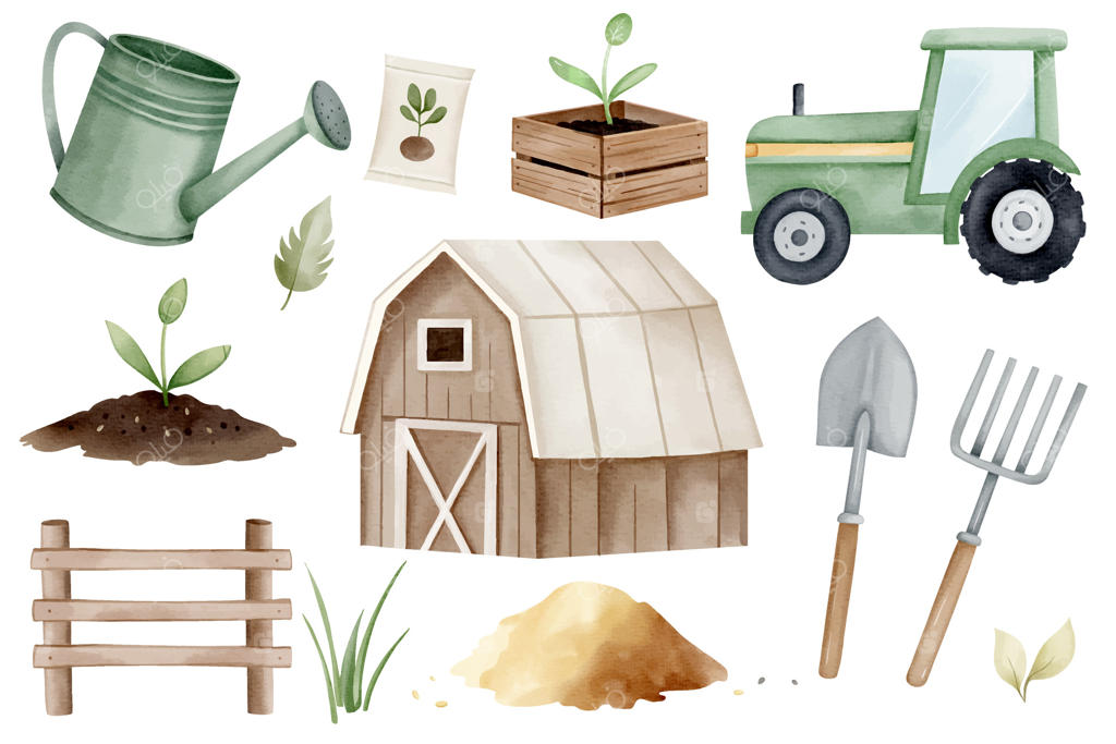 مجموعه طرح‌های آبرنگی کشاورزی؛ انبار، تراکتور و حصار. تصویرسازی عناصر باغبانی و المان‌های دست‌ساز مزرعه