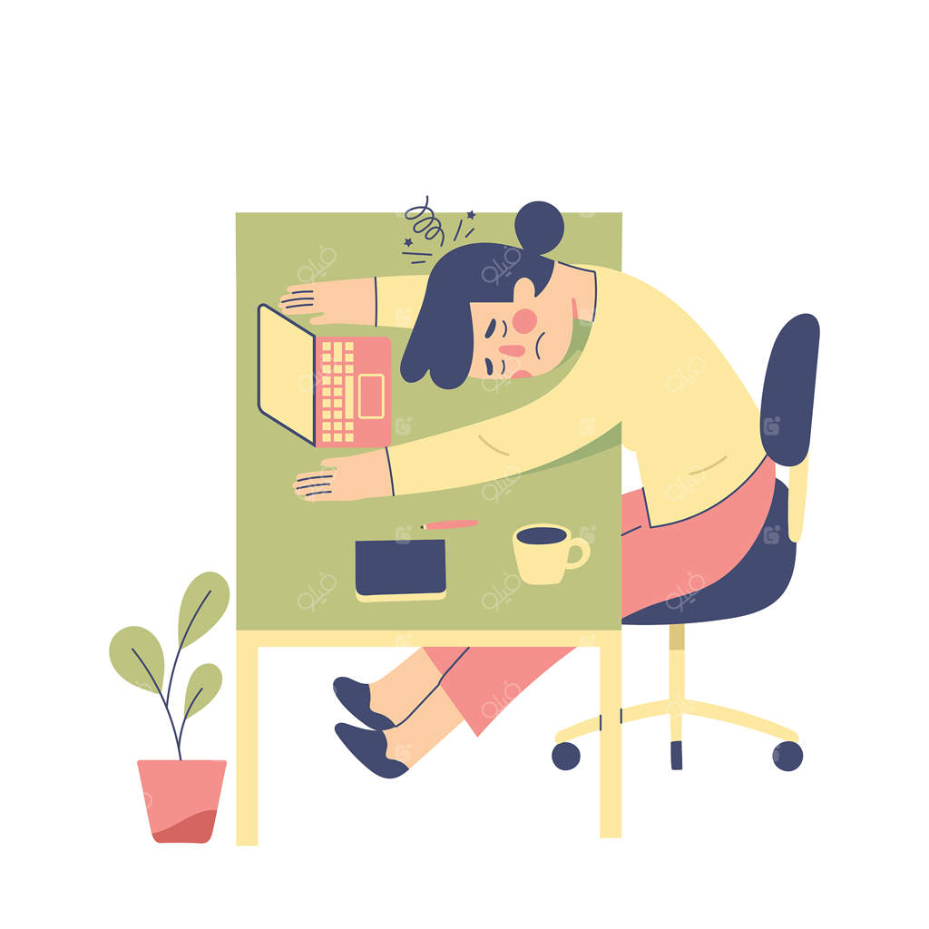 دختر جوان خسته روی میز افتاده، از درس خواندن کلافه شده است