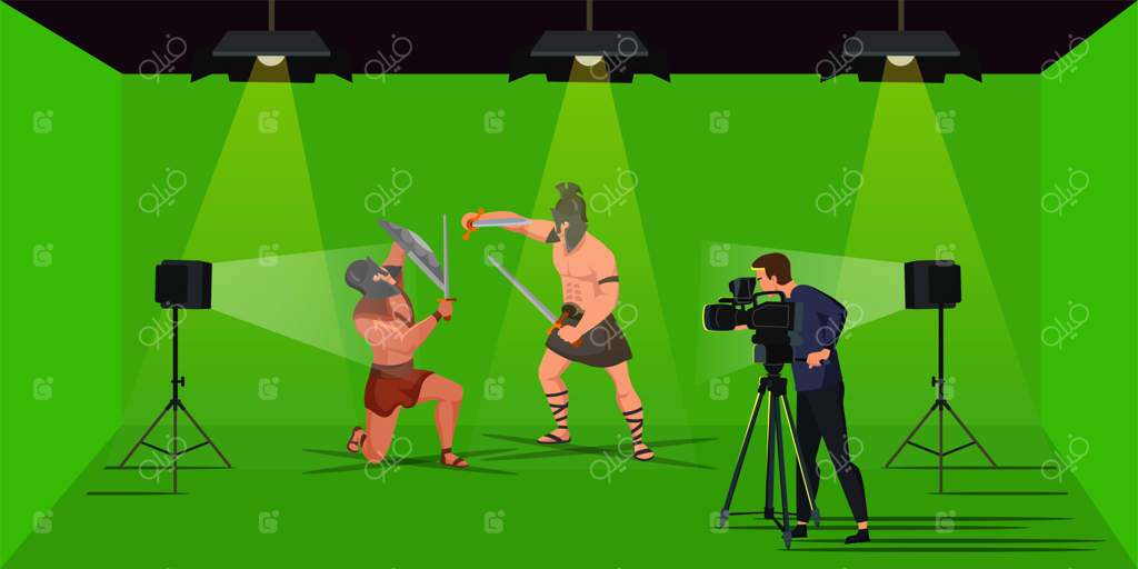 فیلمبرداری صحنه با بازیگران جنگجوی رومی در استودیوی سبز برای ایجاد دکوراسیون