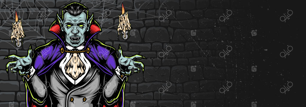 بنر افقی ترسناک هالووین با طرح خون‌آشام، شمع و تار عنکبوت روی دیوار تیره