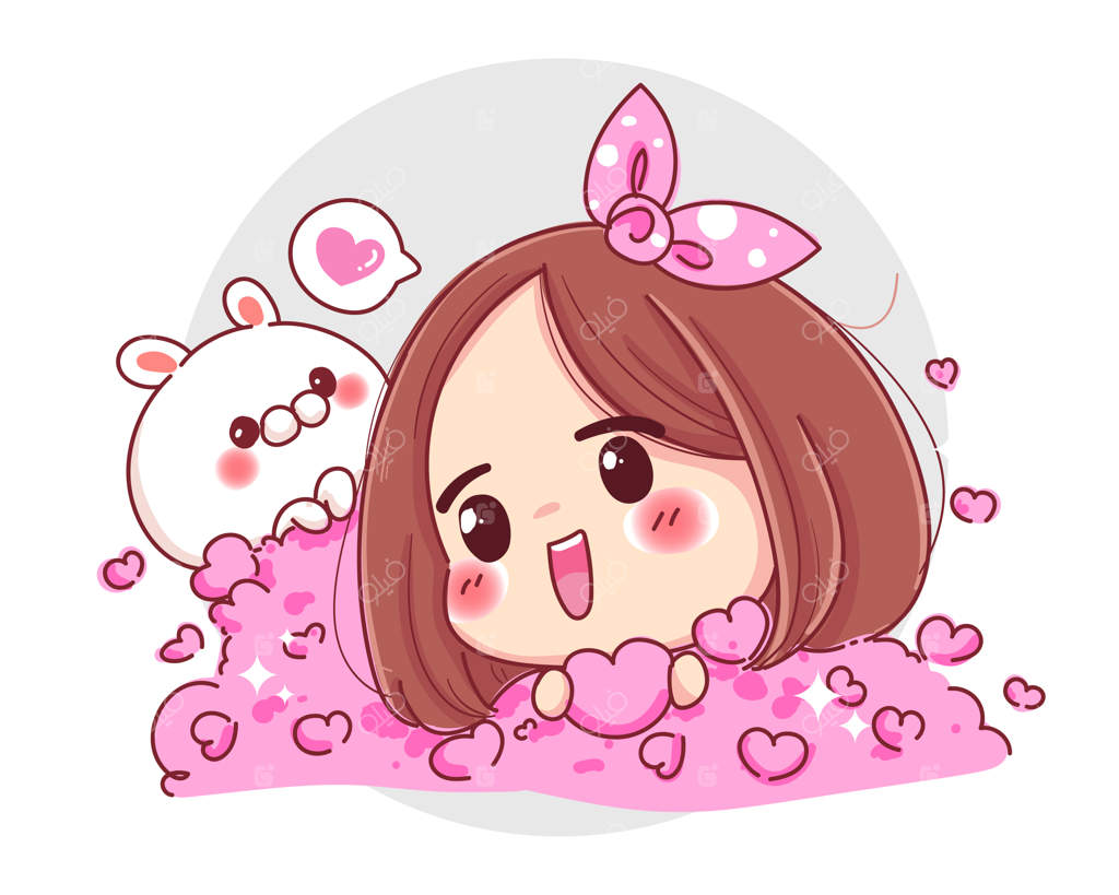 شخصیت دختر شاد و خرگوش سفید با قلب‌های صورتی فراوان بر روی پس‌زمینه سفید.