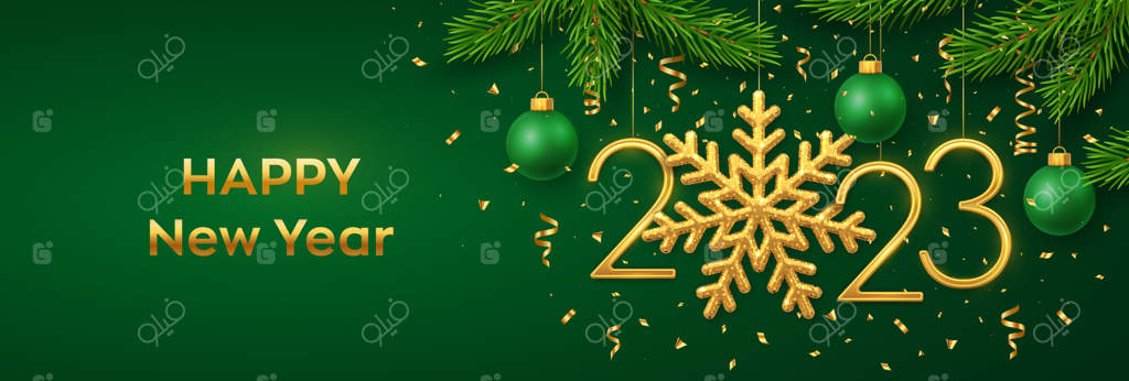 سال نو ۲۰۲۳ مبارک! اعداد طلایی ۲۰۲۳ همراه با توپ‌های برفی، شاخه‌های کاج و کاغذپاشی بر روی پس‌زمینه سبز. کارت تبریک یا قالب بنر سال نو. تزیینات تعطیلات. وکتور