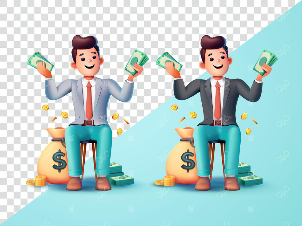 مرد خوشحال در دفتر با پول. سه‌بعدی، مناسب برای تجارت، شغل و عناصر طراحی