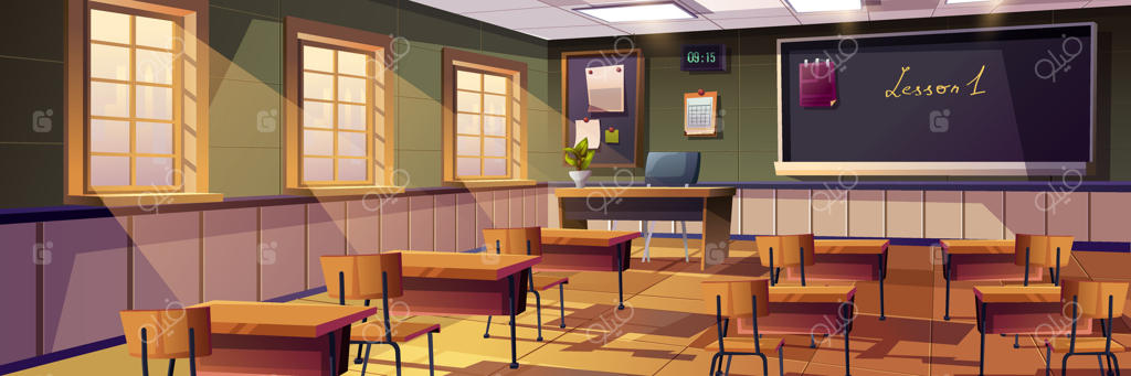 بنر پس‌زمینه کلاس درس به سبک طراحی کارتونی. پوستر داخلی کلاس مدرسه یا دانشگاه با میز معلم، تخته سیاه با فرمول‌های هندسه، قفسه کتاب، پنجره و گیاهان. تصویرسازی وکتور.