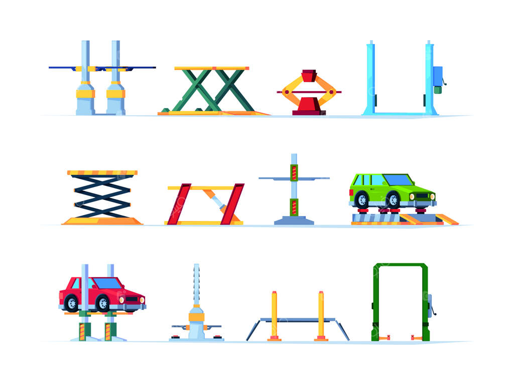 کارگاه مکانیکی بلند کردن خودرو با تعمیرات هیدرولیک فولادی و آسانسورهای مختلف برای اتومبیل‌ها و تصاویر برداری تخت و روشن