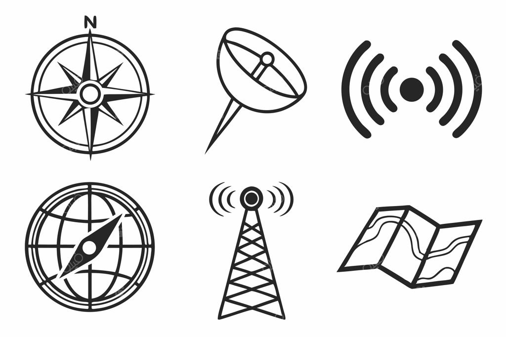 آیکون‌های ناوبری و ارتباطی قطب‌نما، ماهواره و کره زمین