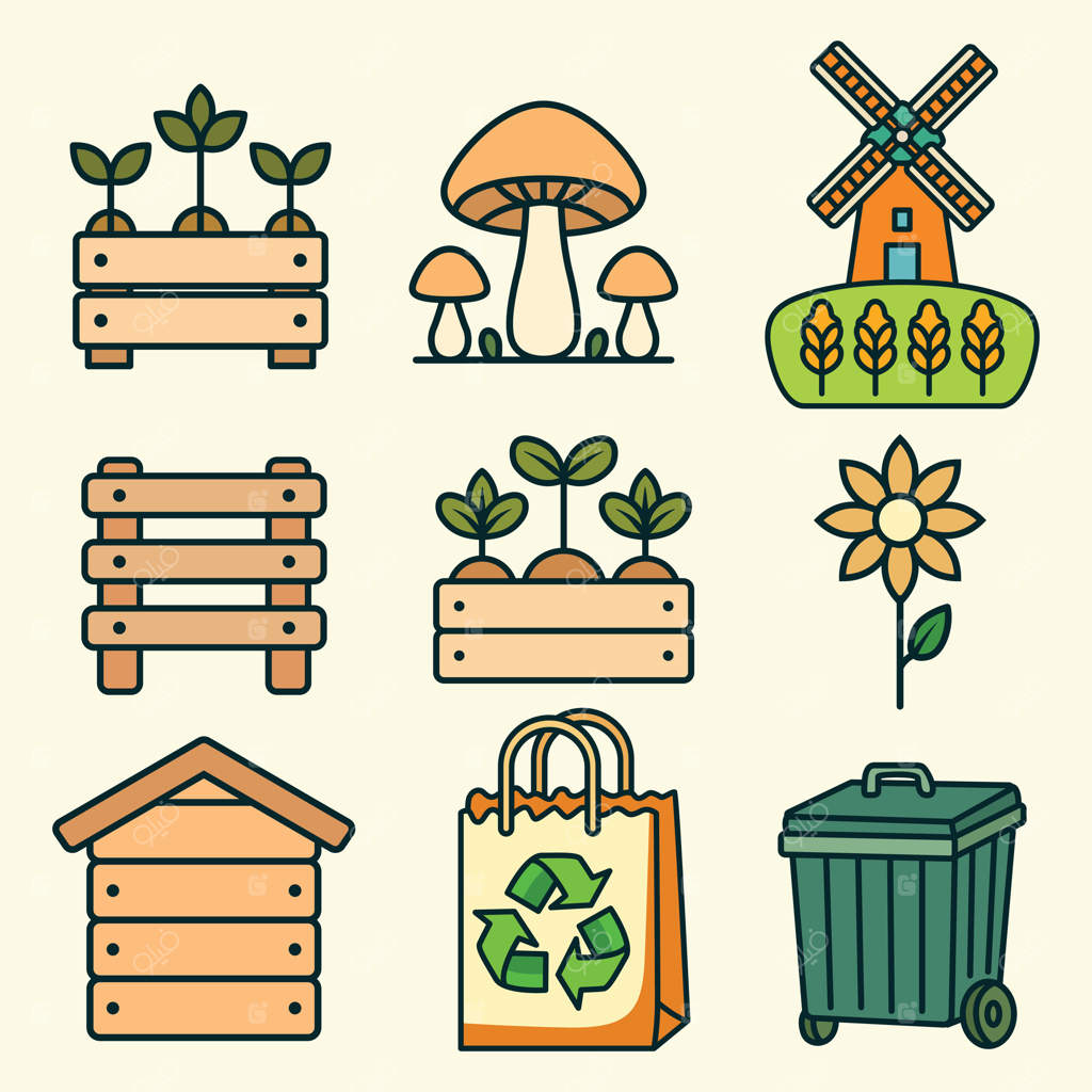 مجموعه آیکون روستایی با عناصر کشاورزی و زیست‌محیطی شامل باغچه‌ها، آسیاب‌های بادی، قارچ‌ها، کیسه‌های بازیافتی و گل آفتاب‌گردان. مناسب برای طراحی‌های کشاورزی و پایداری.