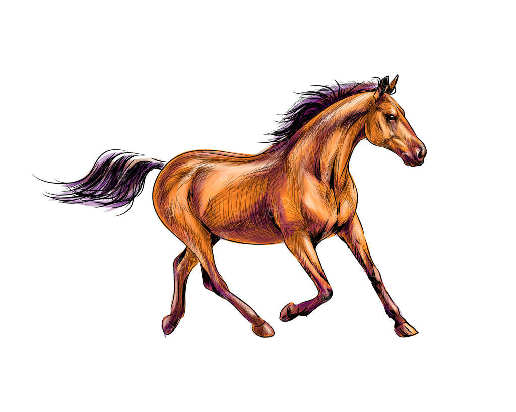 اسب در حال دویدن در میان فوران رنگ‌ها. طرح نقاشی دستی. نقاشی با آبرنگ‌ها