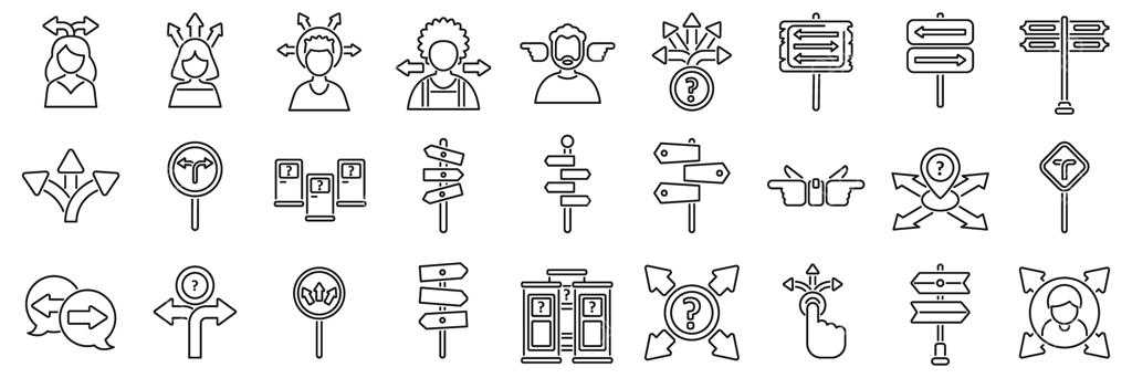 مجموعه آیکون‌های انتخاب مسیرهای مختلف: افرادی که به انتخاب مسیرها با توجه به فلش‌ها و تابلوهای راهنما فکر می‌کنند و تصمیم‌گیری می‌نمایند