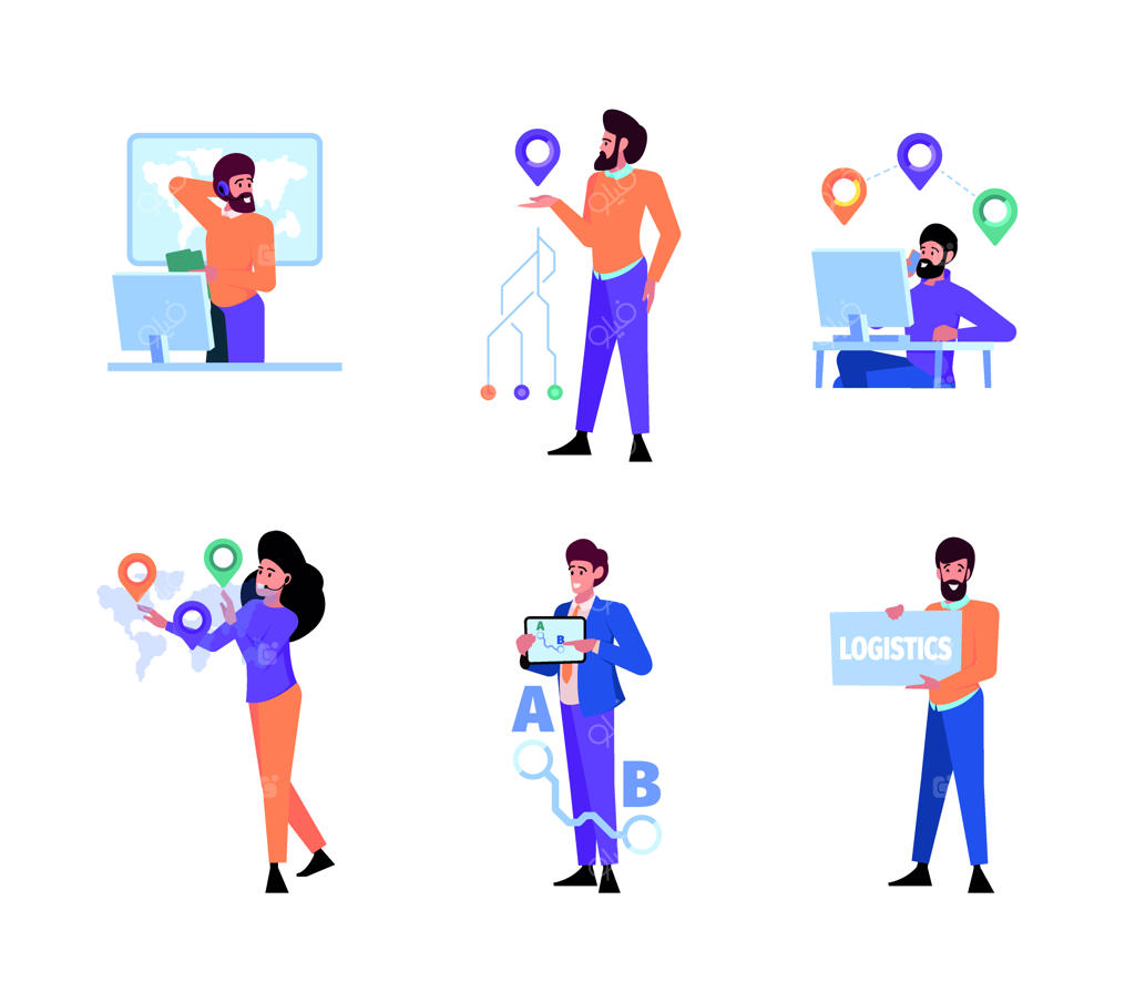 تصاویر مفهومی وکتور: حمل و نقل، کارگران خدمات لجستیک، پشتیبانی نرم‌افزاری، اپراتور مرکز تماس، بسته‌ها، حمل و نقل بار، تدارکات و تولید محصولات