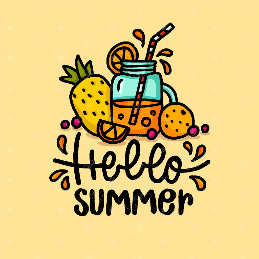 تصویر دست‌کشیده با نوشته "سلام تابستان" و آبمیوه‌های خوشمزه