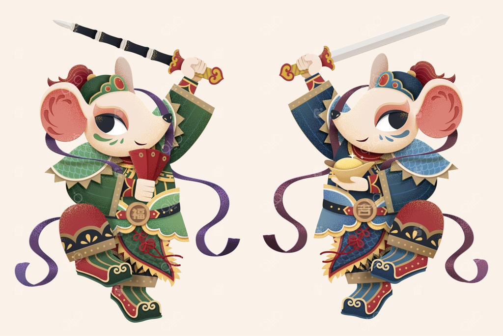 خدای دربانی چینی با ظاهری با شکوه، موش نگهبان با سلاح و گنجینه‌هایش در سبک هنر کاغذی، متن چینی: ثروت و شانس