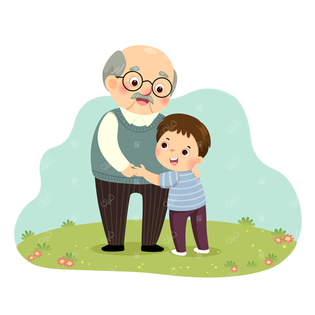 کارتون: تصویر پسری کوچک در حال در آغوش کشیدن پدربزرگش در پارک