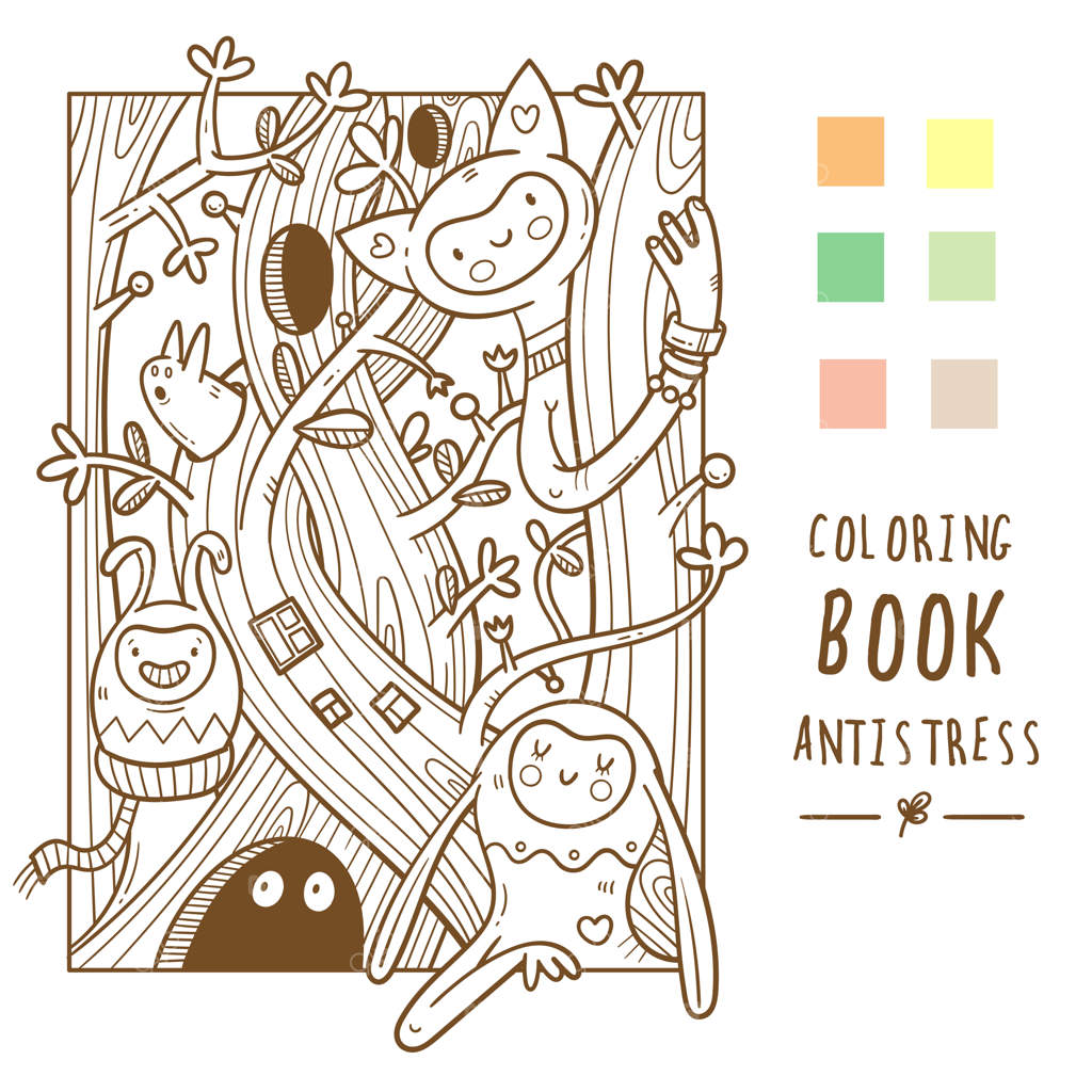 کتاب رنگ‌آمیزی ضد استرس با موجودات بانمک کارتونی - چاپ دودل با هیولاها و ترول‌ها - پوستر جنگلی طرح خطی