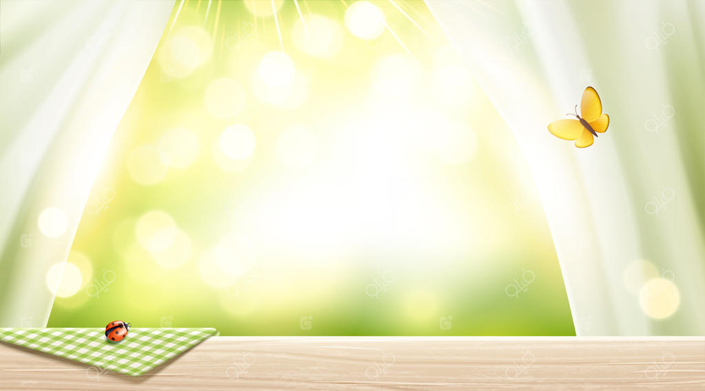 پس‌زمینه سبز بوکه و اکلیلی با میز چوبی در تصویرسازی سه‌بعدی