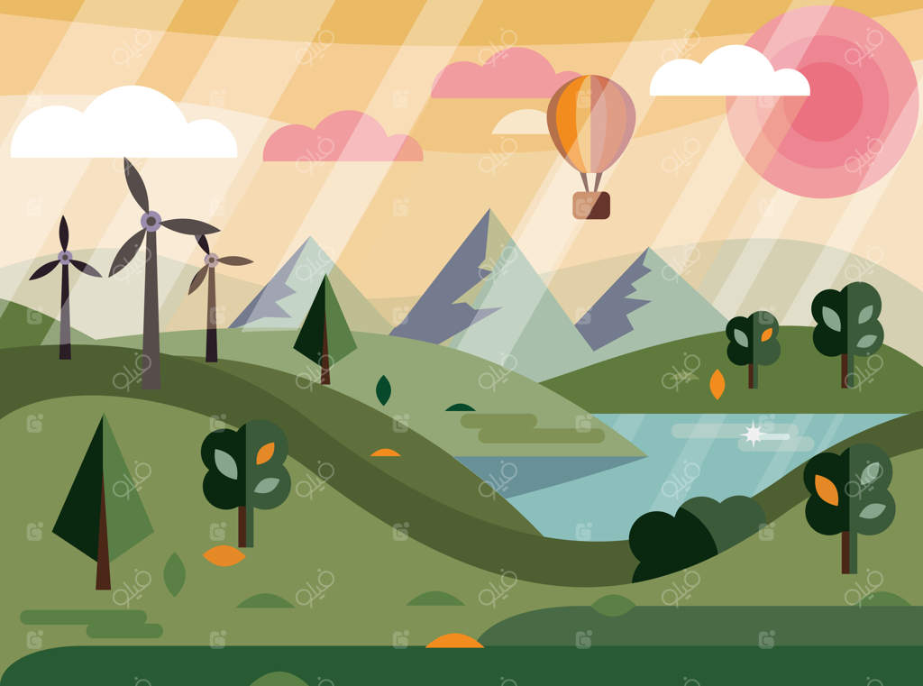 تصویر سازی وکتوری از مناظر روستایی در پاییز، تپه‌های سبز و آسمان آبی