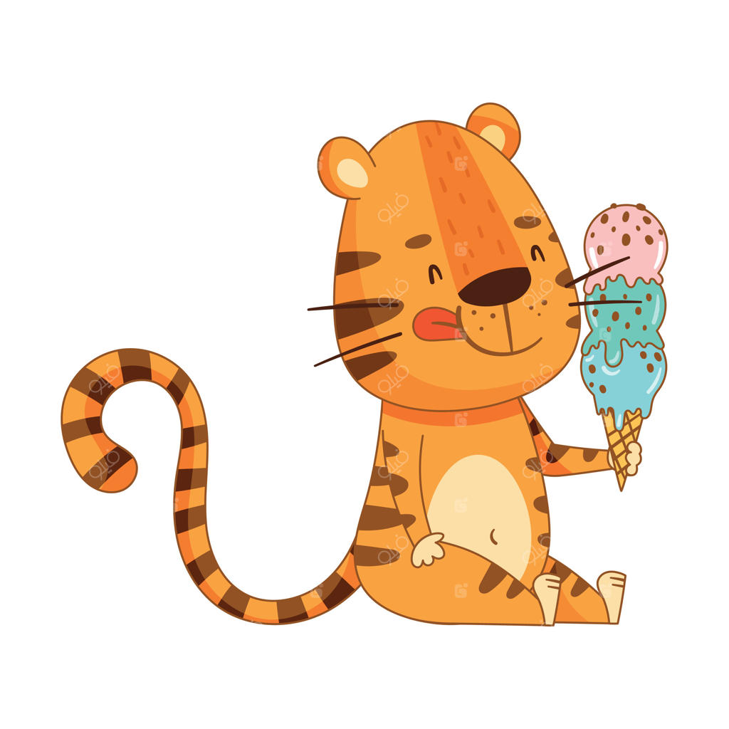 تصویر کارتونی ببر کوچولوی بانمک در حال خوردن بستنی. بچه‌حیوان دوست‌داشتنی و شاد