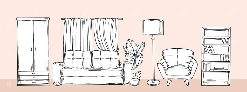 طرح بنر اتاق نشیمن: دکوراسیون مبلمان آپارتمان با کمد، مبل، صندلی راحتی و قفسه کتاب - پس‌زمینه‌ای دنج و دلپذیر از لوازم خانگی - تصویرسازی وکتور