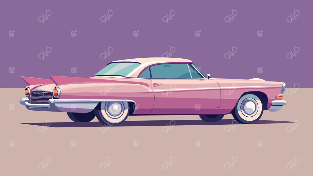 تصویرسازی خودروی کلاسیک صورتی بر روی پس‌زمینه بنفش مینیمال