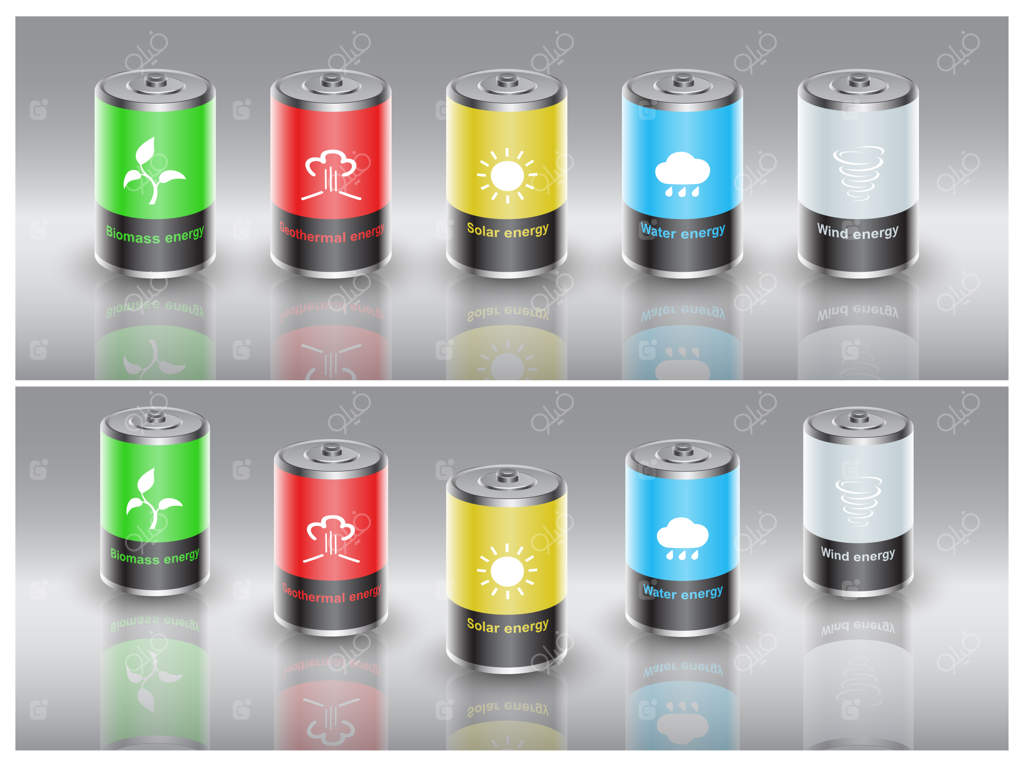 مجموعه‌ای از باتری‌ها شارژ شده با انرژی‌های تجدیدپذیر