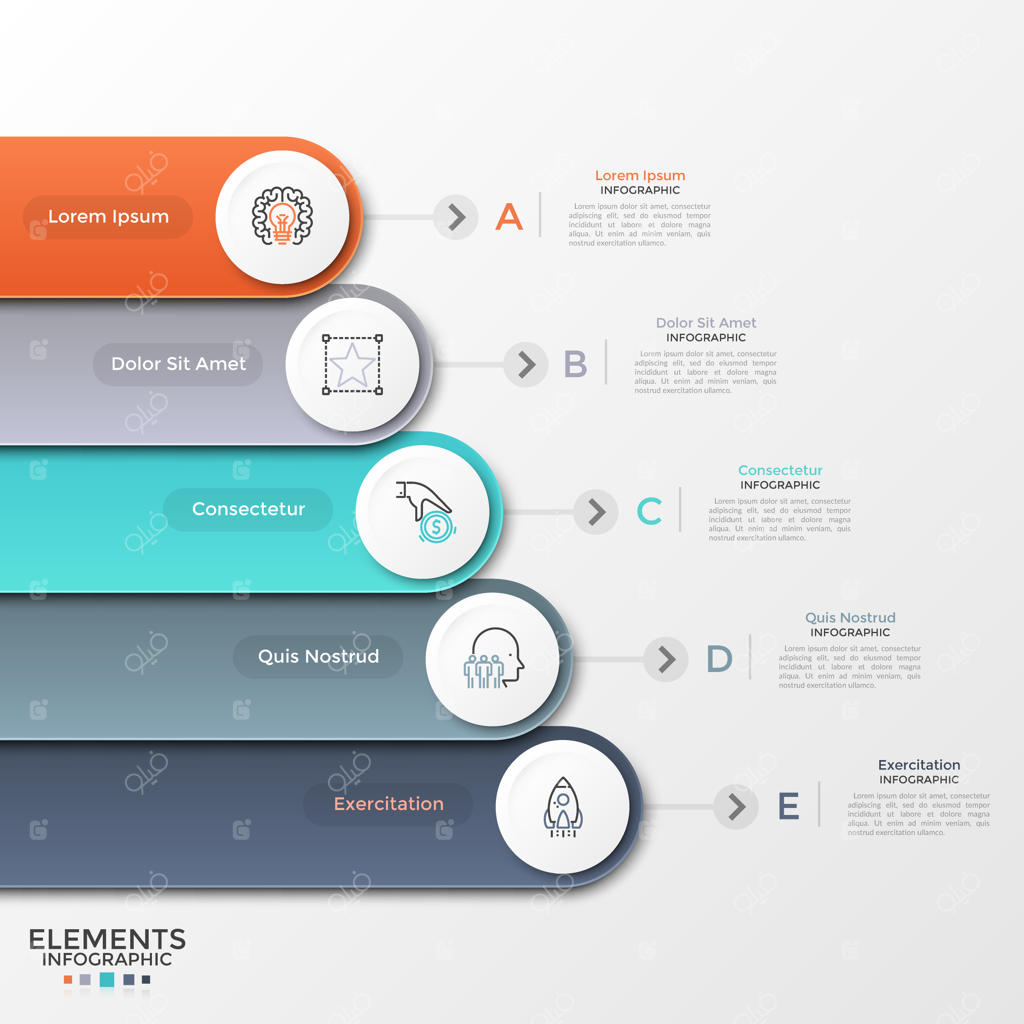 پنج روبان رنگارنگ و گرد با عناصر دایره‌ای سفید و نمادهای خطی که به ترتیب زیر یکدیگر قرار گرفته‌اند. مفهوم پنج سطح پیشرفت کسب‌وکار. قالب طراحی اینفوگرافیک. تصویر برداری.