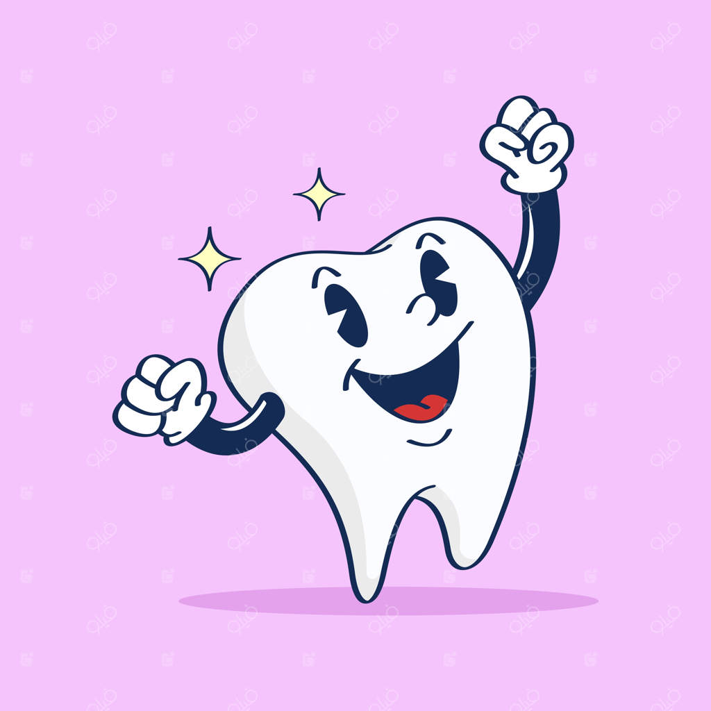 یک شخصیت کارتونی دندان با لبخند بر روی لب