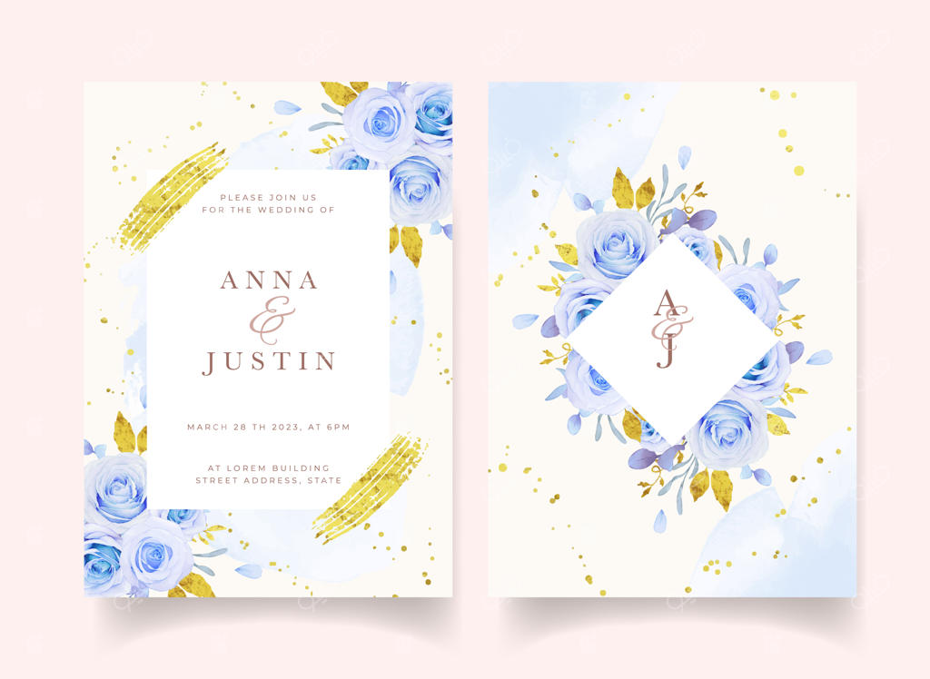 دعوتنامه عروسی با گل‌های آبی آبرنگی