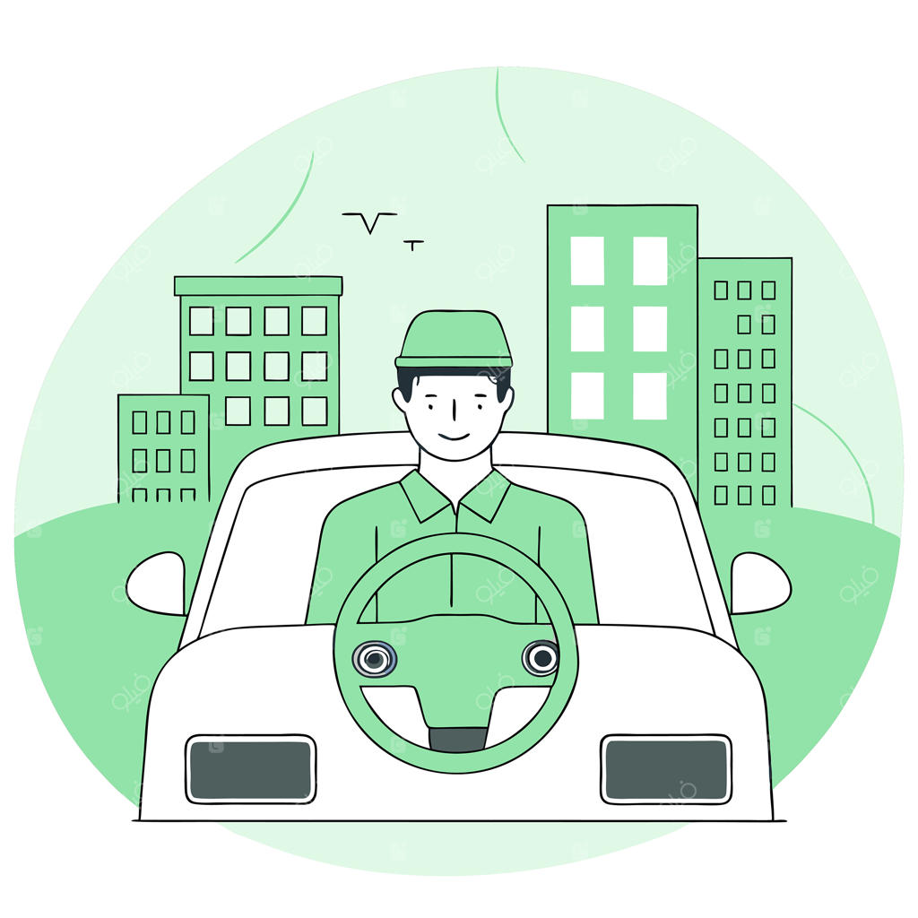 تصویرسازی مفهومی رانندگی در شهر آینده با خودروی خودران در حال مسیریابی در محیط شهری