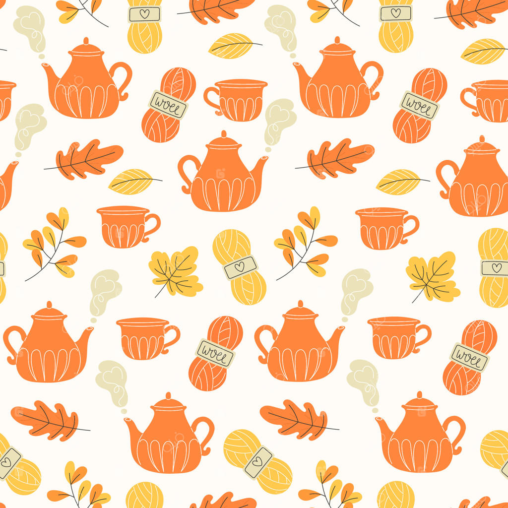 طرح پاییزی یکپارچه با قوری، فنجان، نخ کاموا، سوزن‌های بافتنی و برگ‌های پاییز به سبک تخت