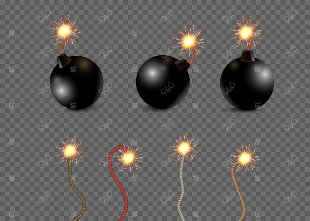 مجموعه واقعی بمب دینامیت گرد با تصاویر بمب‌های قدیمی و فتیله در حال سوختن با پس‌زمینه شفاف - بردار و تصویرسازی