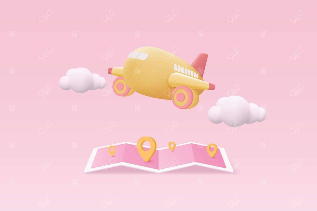 نقشه سه‌بعدی با نشانگر مکان و برنامه‌ریزی سفر هوایی برای گردشگری جهانی: طرح تابستانی سفر با هواپیما و مکان‌گذاری برای تور جهانی، تصویرسازی سه‌بعدی از هواپیما