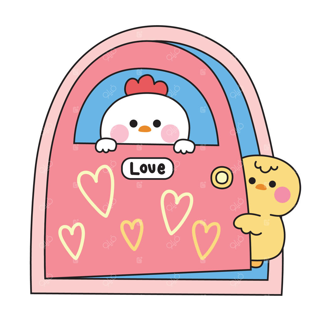 مرغ و جوجه بامزه پشت در کاغذ دیواری قلبی. طراحی کاراکتر حیوانات مزرعه. گرافیک بچه‌گانه. کاوایی. تصویرسازی