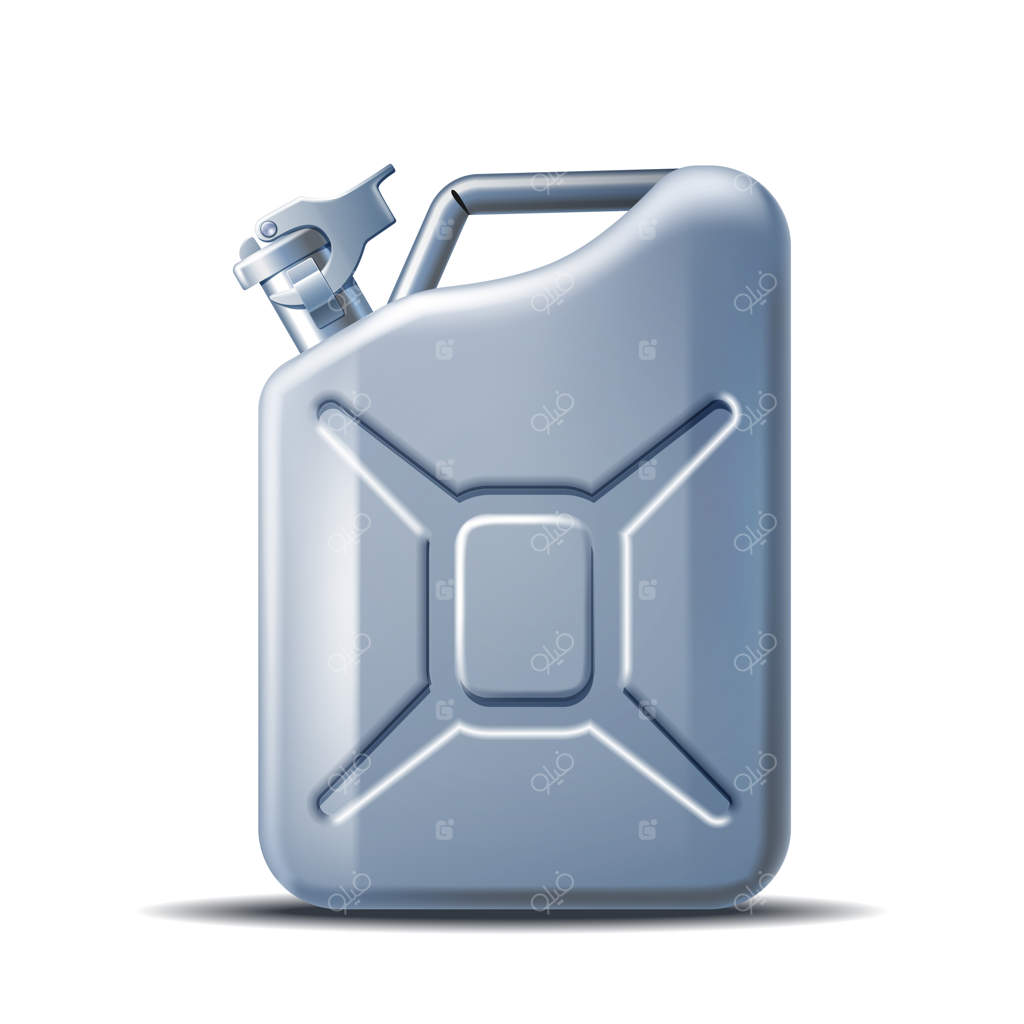 ظرف خاکستری روغن موتور یا نفت به‌صورت ایزوله بر روی زمینه سفید. مخزن سوخت به سبک واقع‌گرایانه. مفهوم قدرت و انرژی
