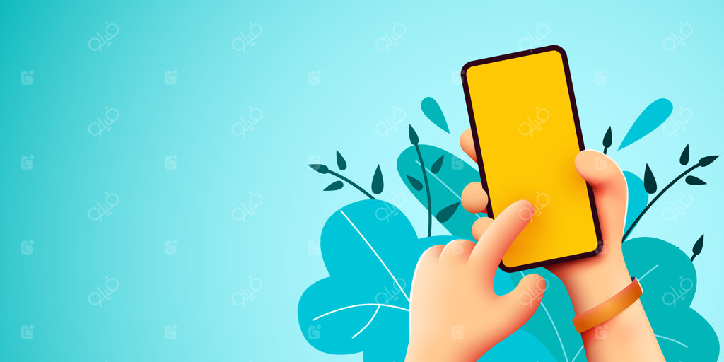 نگه داشتن گوشی با دو دست، موکاپ موبایل، قالب قابل ویرایش گوشی هوشمند، لمس صفحه نمایش با انگشت