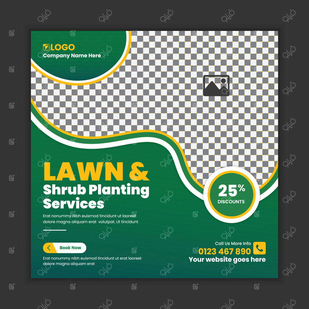 قالب پست شبکه‌های اجتماعی خدمات تخصصی نگهداری و طراحی فضای سبز، طراحی بنر وب برای نگهداری از باغ، خدمات فضای باز و قالب بنر مربعی برای بازاریابی آنلاین فضای سبز