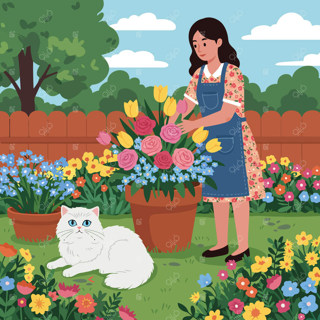 زن گلی را در باغ مرتب می‌کند و گربه سفیدی در نزدیکی‌اش آرام گرفته است.