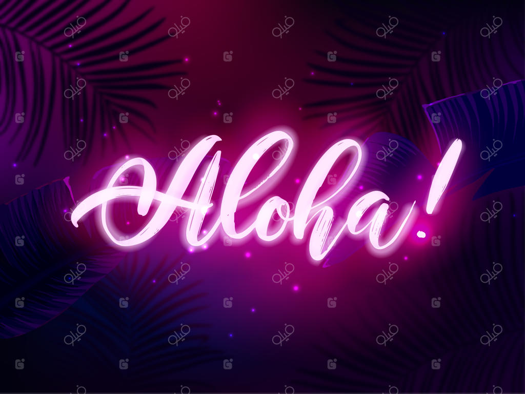 طراحی مهمانی گرمسیری به رنگ آبی تیره و بنفش با برگ‌های نخل و حروف نئونی