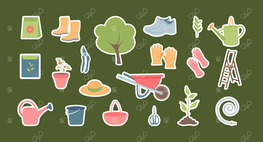 مجموعه‌ای از برچسب‌های ابزار باغبانی با پس‌زمینه سبز - مفهوم باغبانی و کشاورزی. تصویرسازی تخت