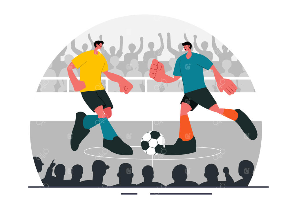 تصویرسازی وکتور فوتسال؛ بازیکنان در حال دریبل و شوت‌زنی در صحنه مسابقات قهرمانی با پس‌زمینه