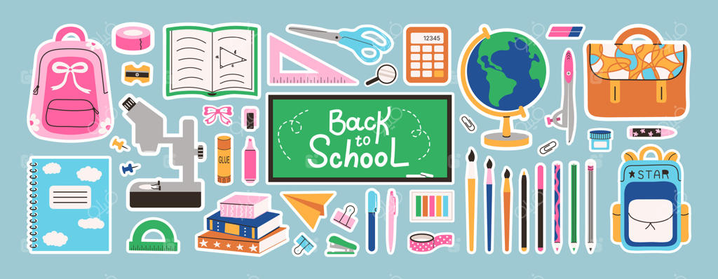 مجموعه لوازم‌التحریر و برچسب‌های آموزشی. لوازم مدرسه: کوله‌پشتی، کتاب، کره زمین، مداد، رنگ‌ها، خط‌کش، خودکار و قلم‌مو. مناسب برای چاپ، بنر، پوستر، کارت، کاردستی و اسکرپ‌بوکینگ.