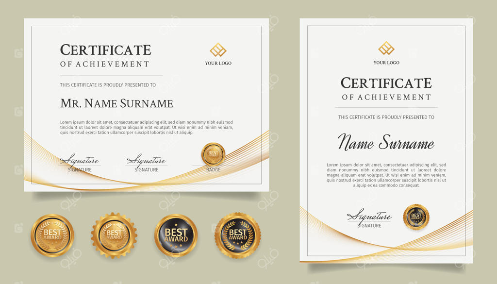 الگوی گواهی دستاورد با طراحی طلایی و نشان‌ها