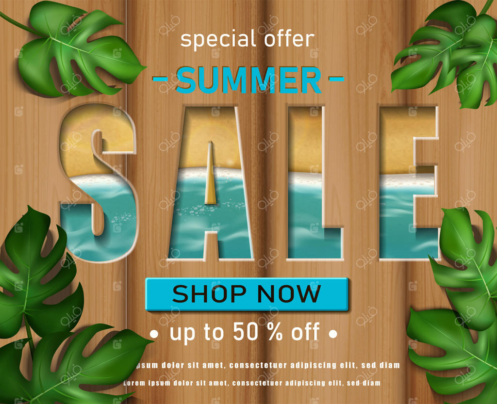 قالب بنر فروش تابستانی با پس‌زمینه چوبی، دریا و برگ‌ها
